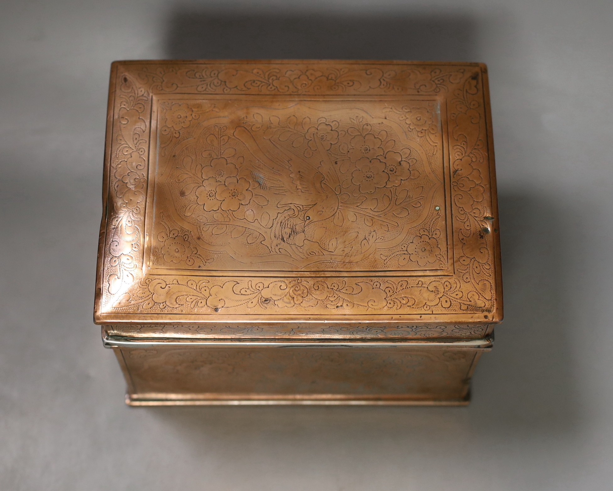 An Indo-Persian engraved copper plated tea caddy and Chinese soapstone bowl on stand. Diameter of bowl 20.5cm